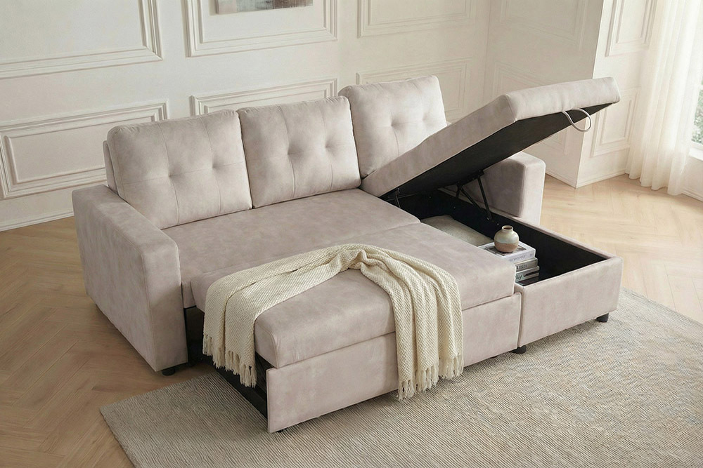 Ecksofa mit Schlaffunktion APARTMENT beidseitig aufbaubar champagner beige Samt inkl. Stauraum