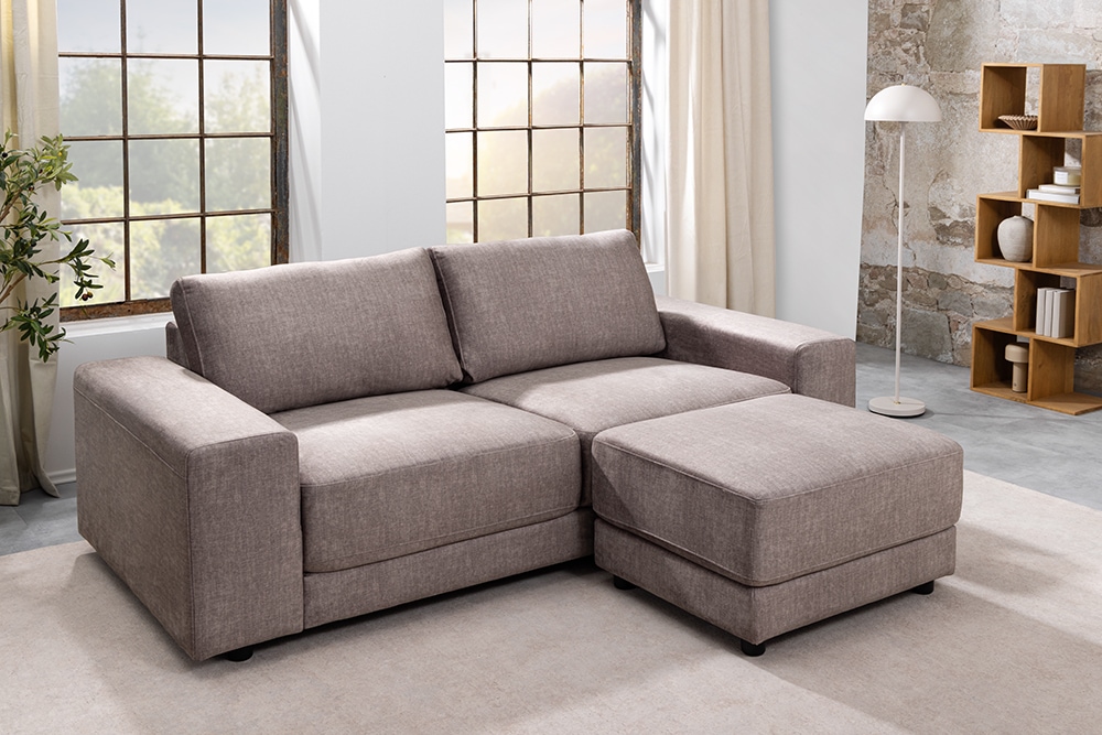 Moderner Hocker LOFT 75cm taupe Vogue Velours Samt Nosagfederung Taschenfederkern