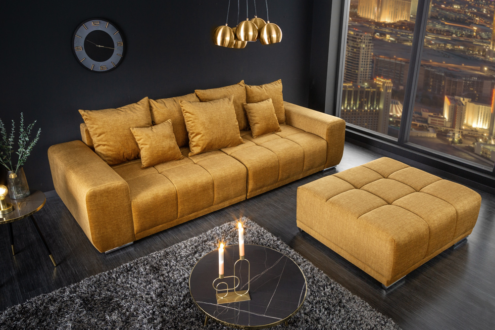 Extravaganter Hocker ELEGANCIA 110cm senfgelb Vogue Velours Samt mit Ziersteppung