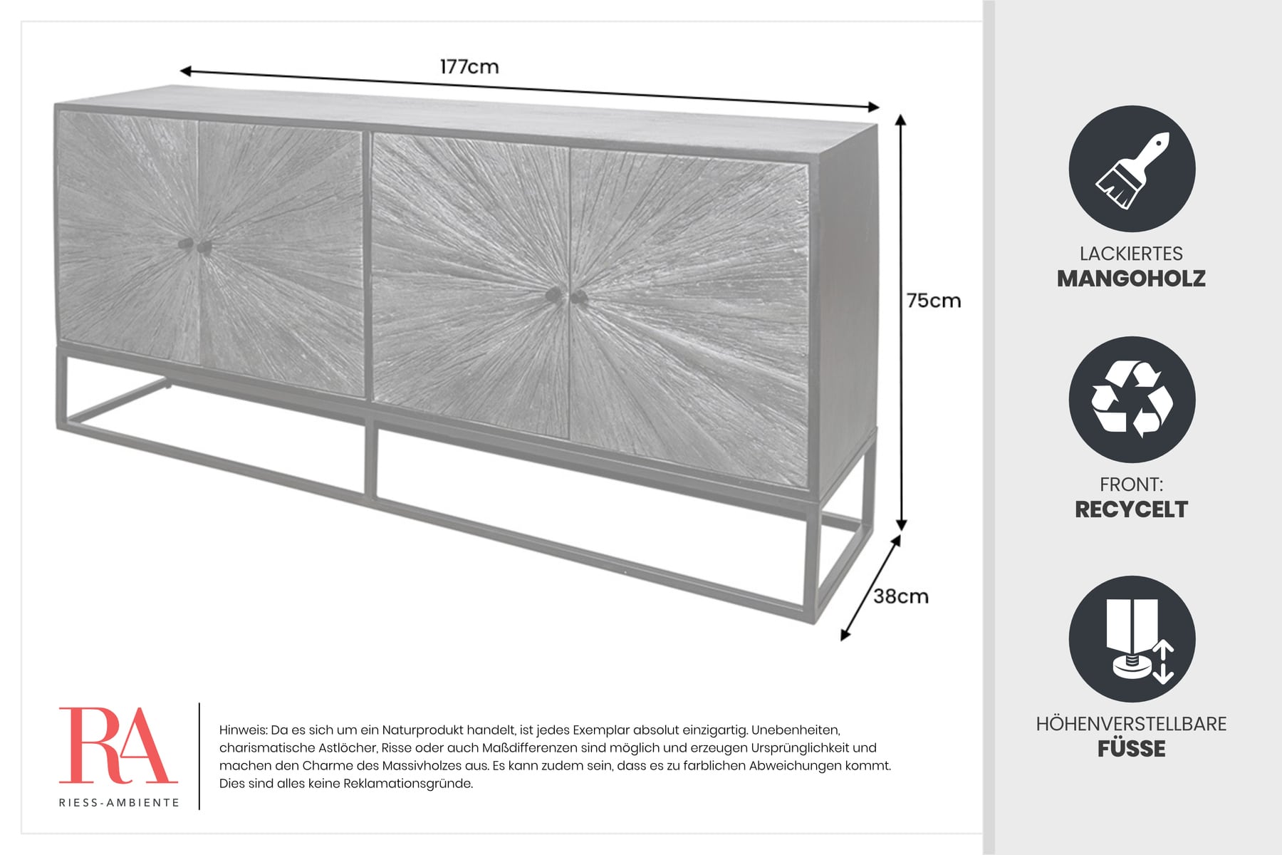 Massives Sideboard BARRACUDA 180cm braun Mangoholz mit Teakholz-Front schwarz Metall