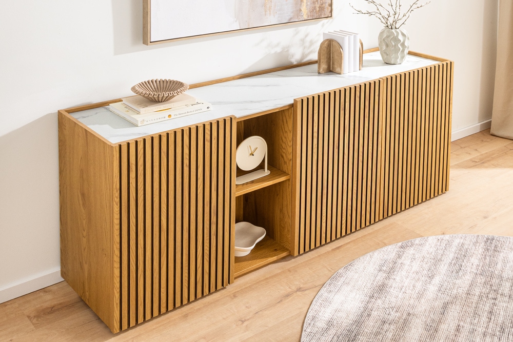 Design Sideboard VICENZA 180cm weiß Keramik natur Eiche Lamellenfront