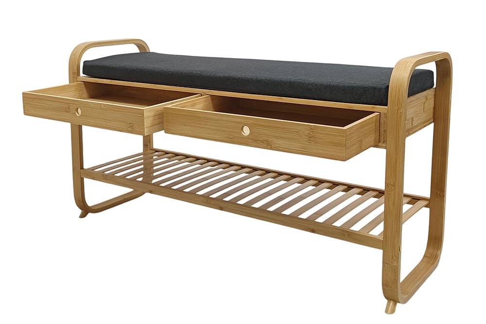 Stilvolle Schuhbank ZEN-BO 100cm natur grau Bambus Regal Sitzbank mit Schubladen