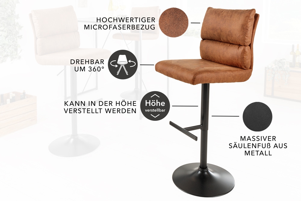 Höhenverstellbarer Barhocker COMFORT antik braun Microfaser drehbar mit Lehne Metall schwarz