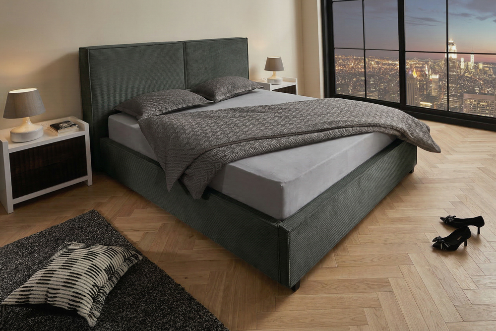 Komfortables Boxbett ROCCO 180x200cm dunkelgrau Cord mit Stauraum und Lattenrost