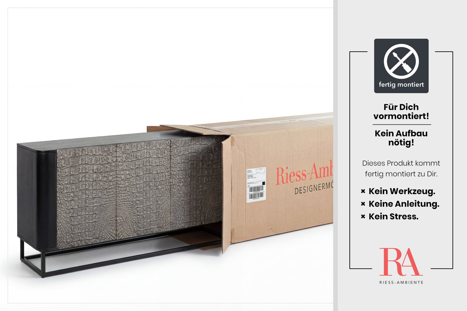 Handgefertigtes Sideboard CROCO 180cm grau schwarz Mangoholz mit 3D Schnitzereien massiv Metall