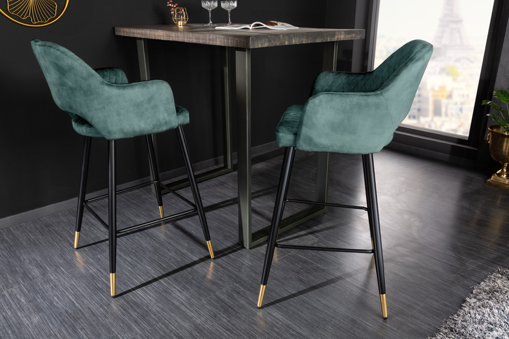 Design Barhocker PARIS petrol Samt Ziersteppung Fußkappen gold mit Armlehnen