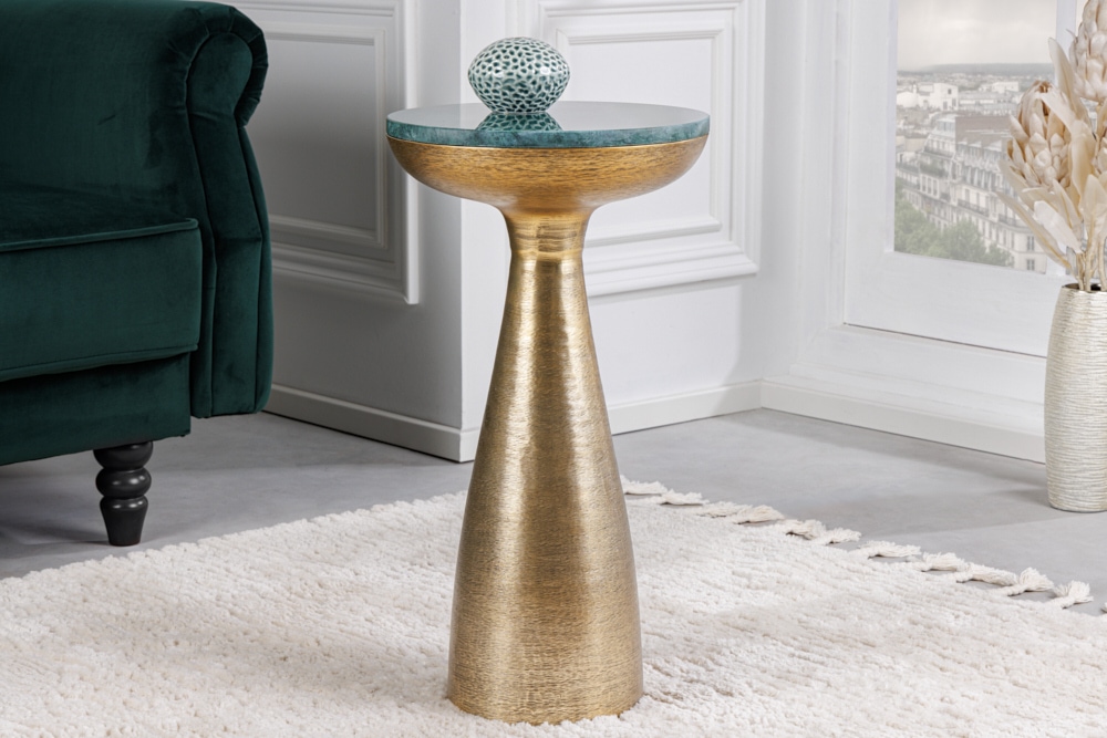 Handgearbeiteter Beistelltisch ELEMENTS 55cm gold grün Marmor rund