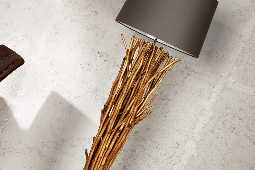 Design Treibholz Stehlampe EUPHORIA 180cm grau mit Leinenschirm