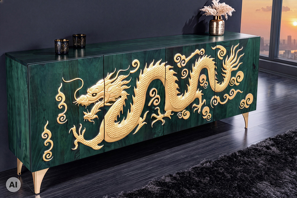 Massives Sideboard DRAGON 180cm türkis gold Mangoholz Metall 3D-Front handmade