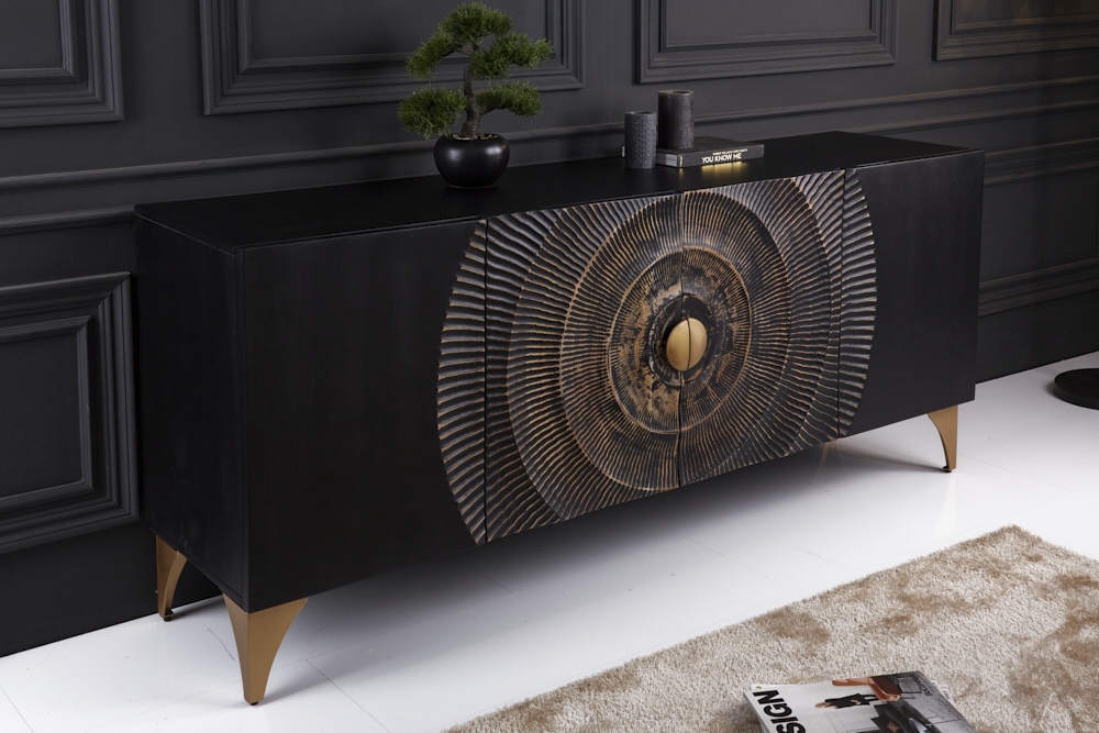 Handgearbeitetes Sideboard GOLDEN SUNSET 180cm schwarz mit 3D Schnitzereien gold Mangoholz Metallbeine