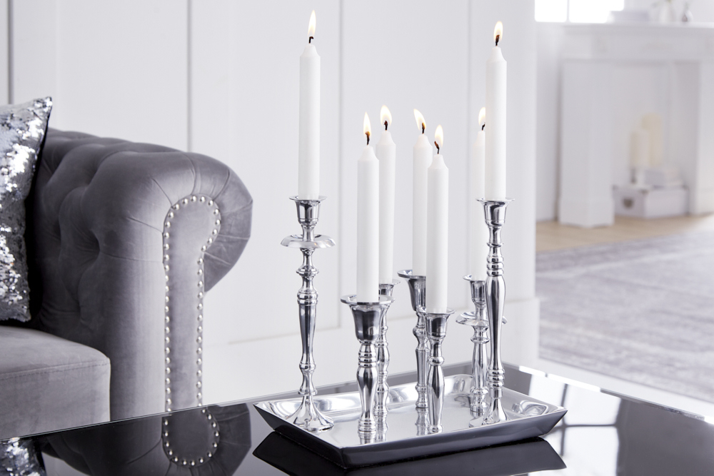 Kerzenständer MODERN BAROCK 30cm 7-flammig silber Aluminium poliert Kerzenhalter Deko-Platte Kerzenständer MODERN BAROCK 30cm 7-flammig silber Aluminium poliert Kerzenhalter Deko-Platte