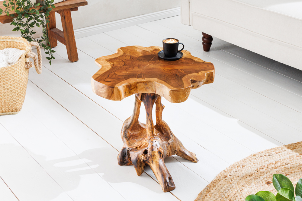 Massivholz Beistelltisch ROOT 40cm natur Teak aus Wurzelholz im Stelzen-Design
