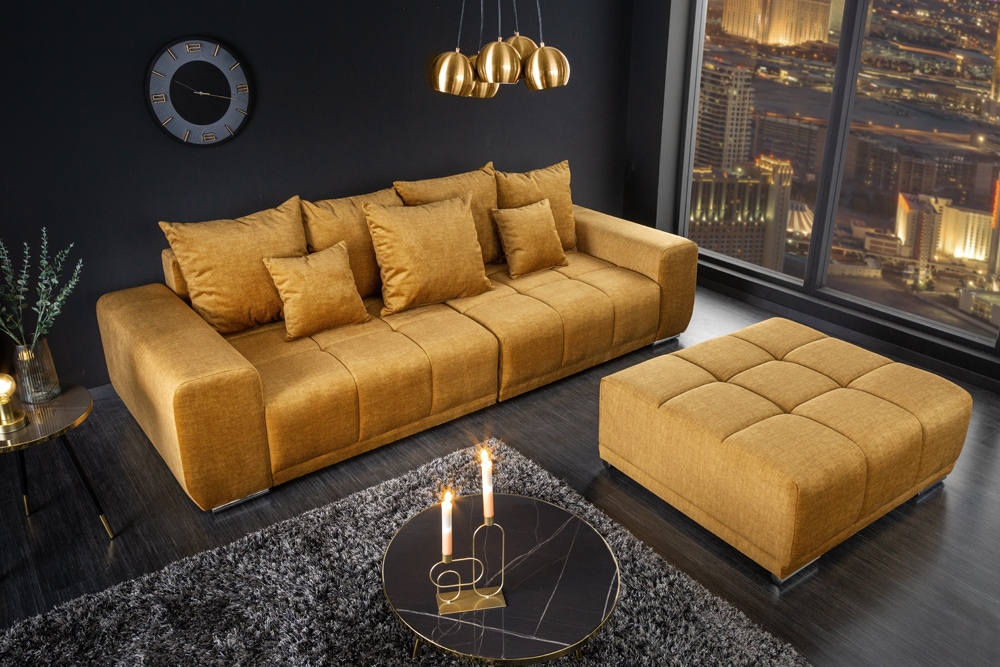 Big Sofa ELEGANCIA 285cm senfgelb Vogue Velours Samt XXL Couch inkl. Kissen Federkern