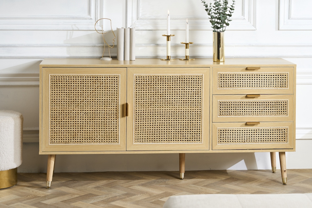 Design Sideboard VIENNA 155cm Wiener Geflecht Rattan Kommode mit Schubladen