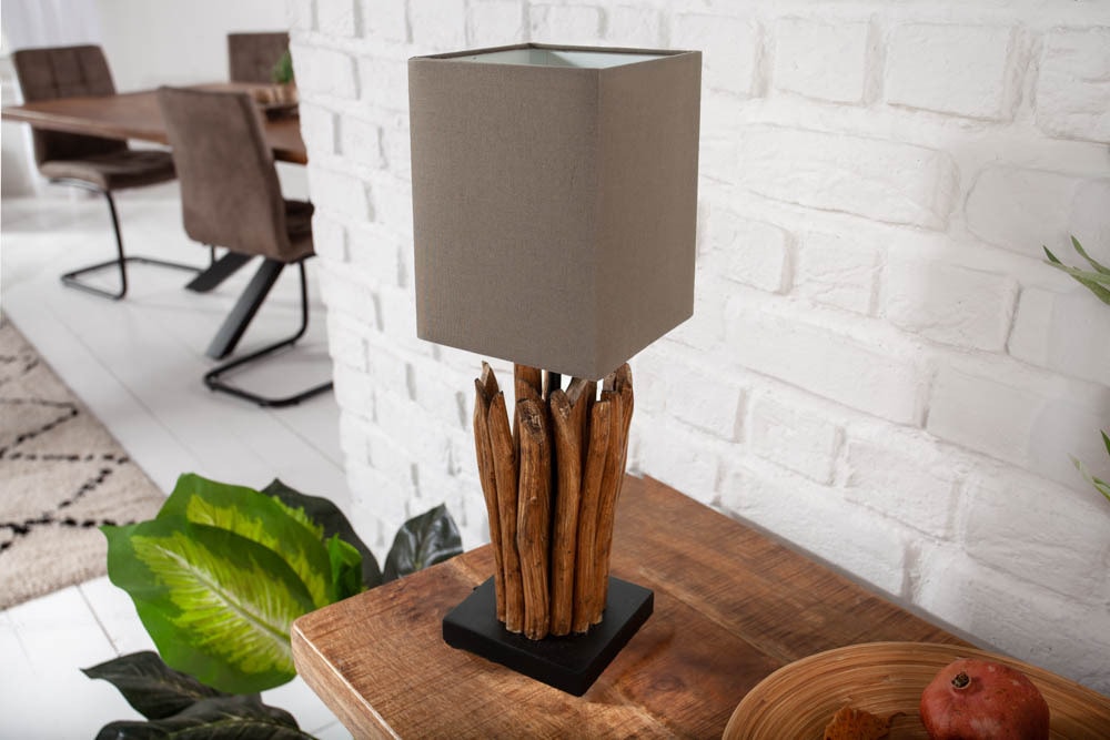 Handgearbeitete Treibholz Tischleuchte EUPHORIA 45cm braun mit Leinenschirm