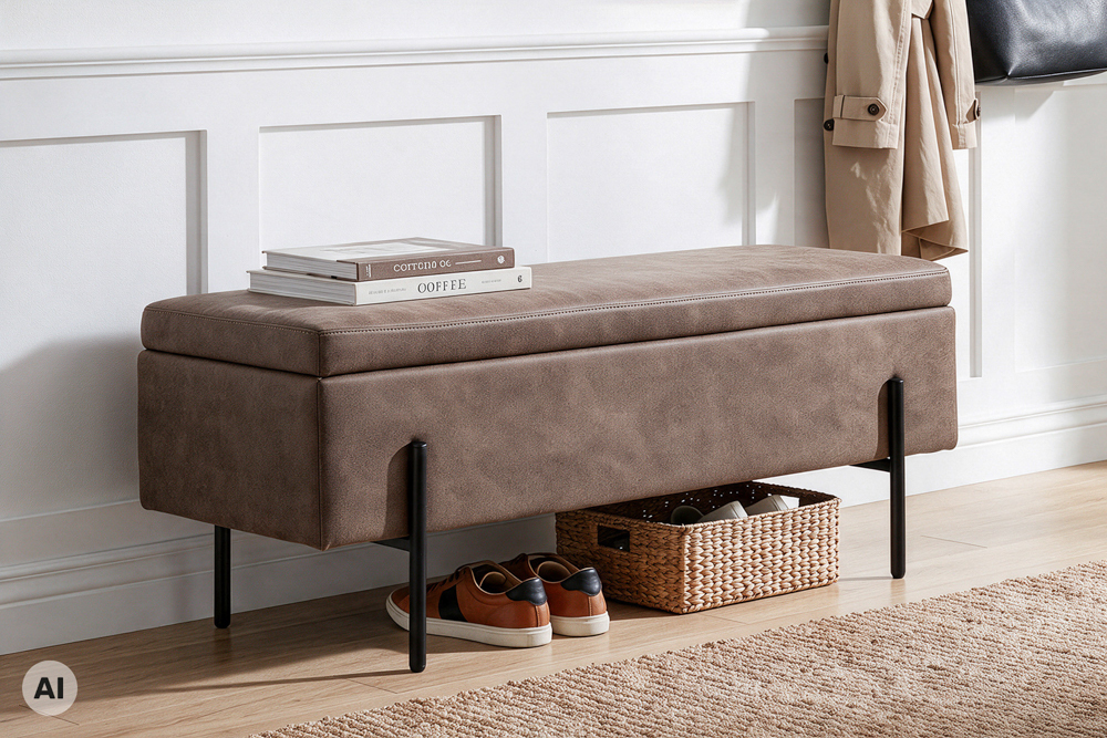 Truhenbank LOFT 100cm antik taupe Microfaser Sitzbank mit Stauraum Metall schwarz