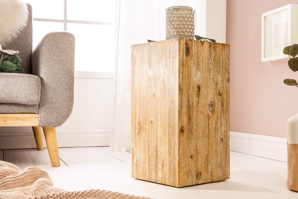 Massivholz Dekosäule COLUMNA 50cm Akazie teak-grau gekälkt Beistelltisch