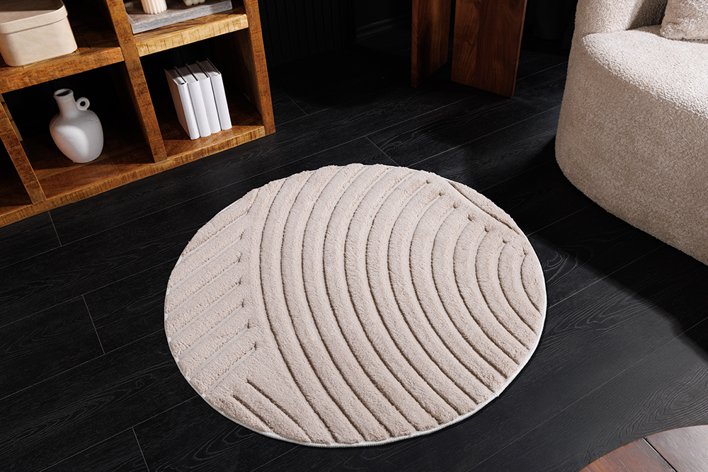 Runder 3D strukturierter Kurzflor Teppich ART DECO 80cm beige creme Hoch-Tief-Effekt