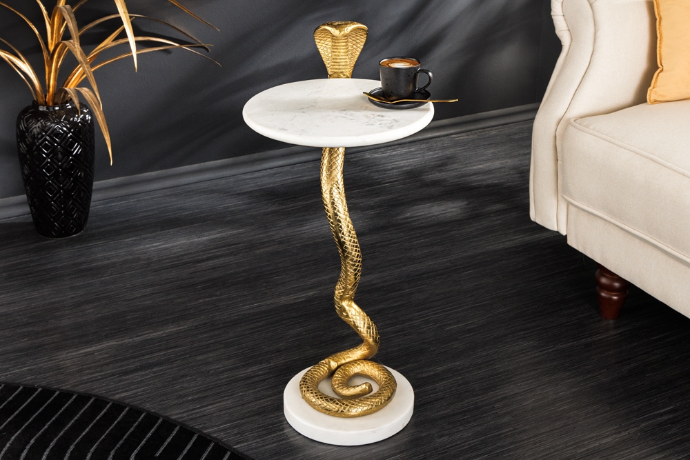 Runder Beistelltisch WILDLIFE COBRA 65cm gold weiß Marmor Schlangen-Skulptur handmade