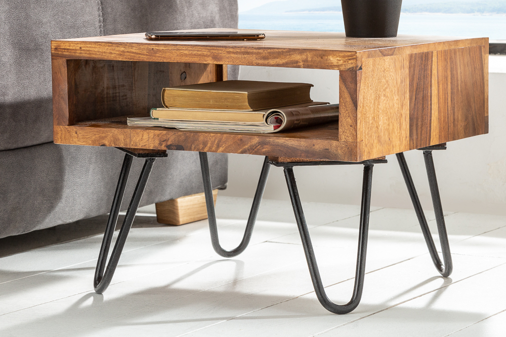 Massivholz Beistelltisch SCORPION 45cm braun Sheesham stone finish Hairpin Legs Stauraum