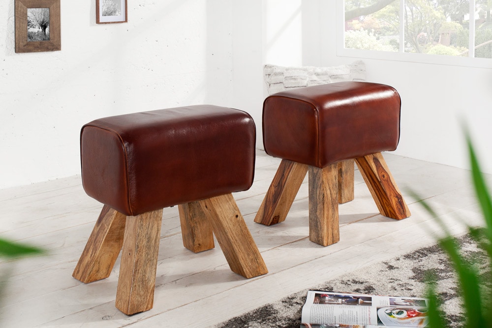 Retro Sitzhocker TURNBOCK 40cm mit Echtleder Bezug Mangoholz Hocker