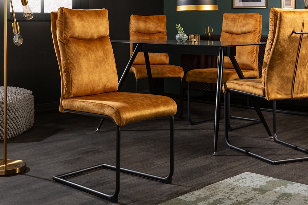 Moderner Freischwinger Stuhl COMFORT senfgelb Samt mit Komfortgriff