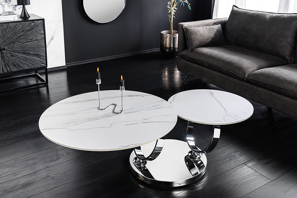 Design Couchtisch DANCING RINGS weiß rund drehbar Marmor Keramik Chrome Gestell