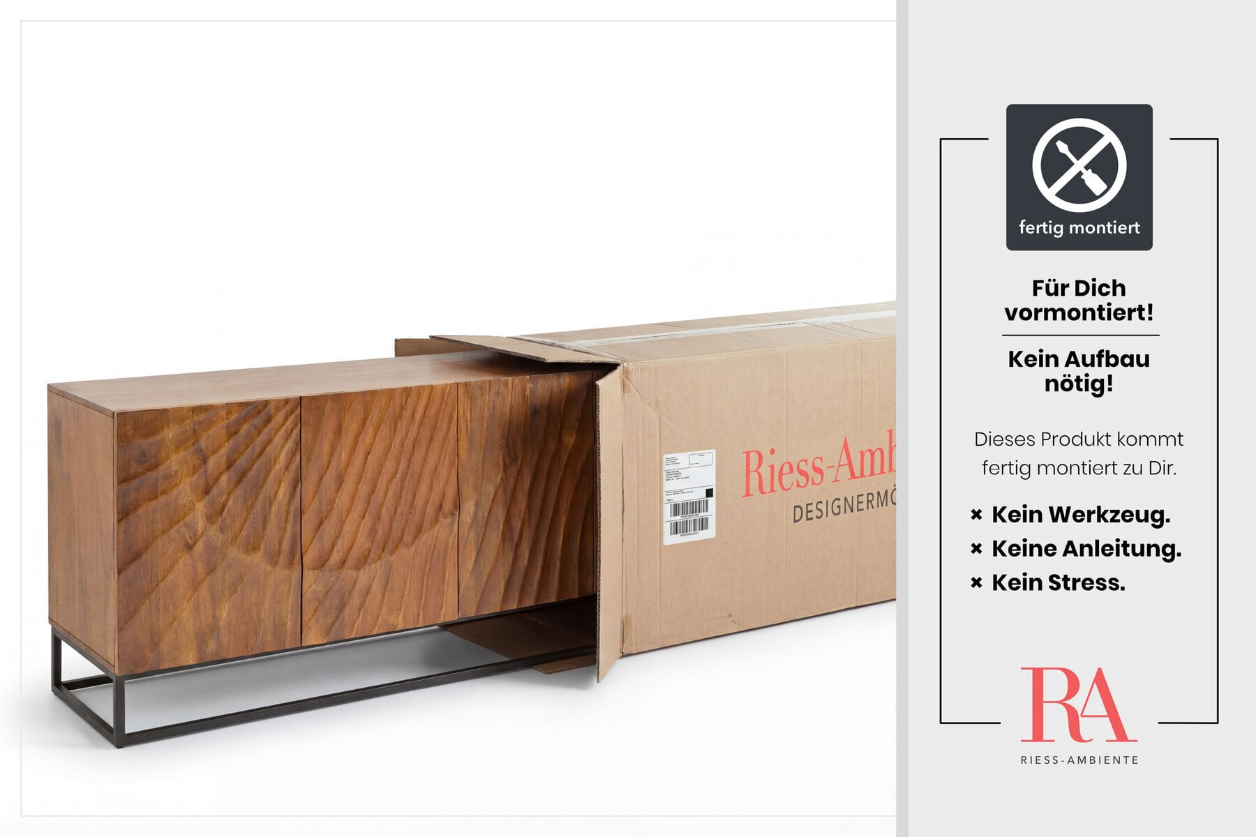Massives Sideboard SCORPION 180cm braun Mangoholz aufwendige 3D Schnitzereien