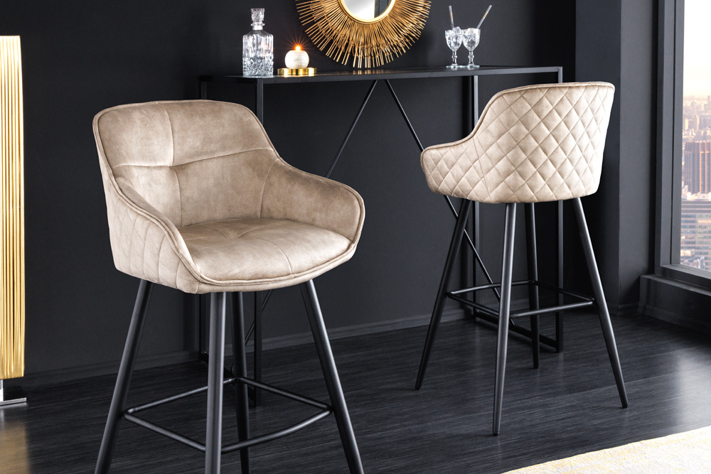 Design Barhocker EUPHORIA champagner greige Samt schwarze Metallbeine Barstuhl mit Lehne