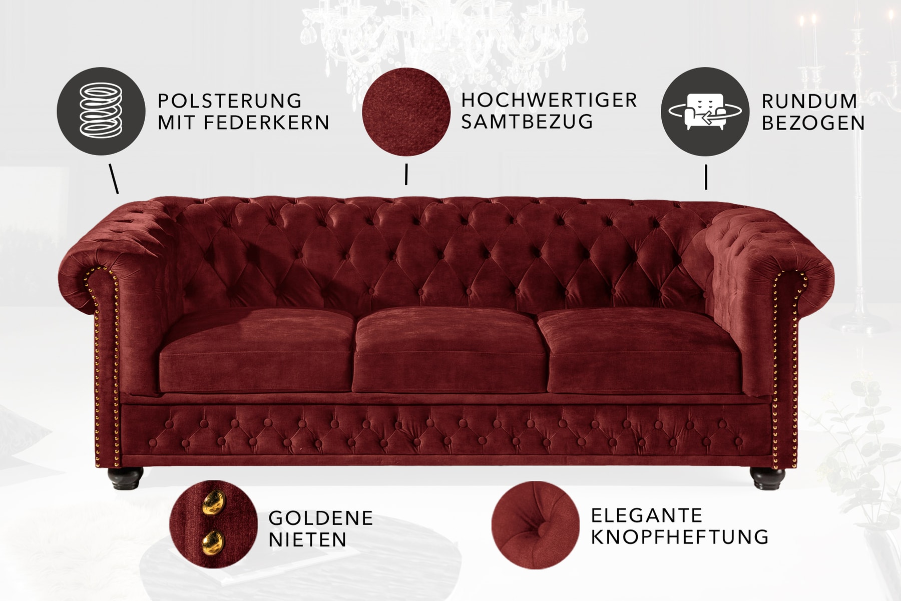 Barock Sofa CHESTERFIELD 205cm bordeaux rot Samt Federkern Knopfheftung 3-Sitzer Couch