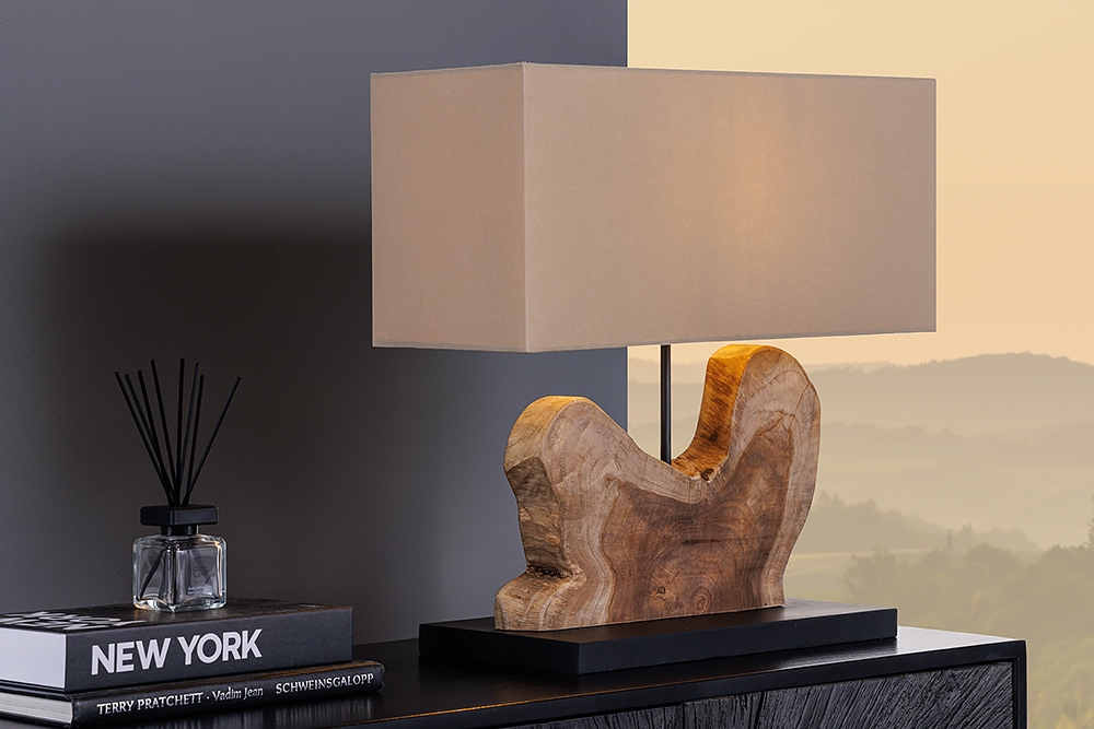 Handgefertigte Tischlampe HYPNOTIC 50cm natur Teakholz beige mit Leinenschirm » Jetzt kaufen