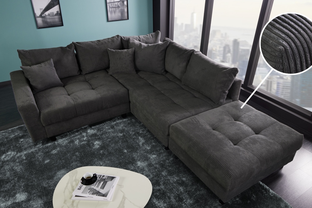 Modernes Ecksofa KENT 220cm dunkelgrau Cord inklusive Hocker Federkern Wohnlandschaft