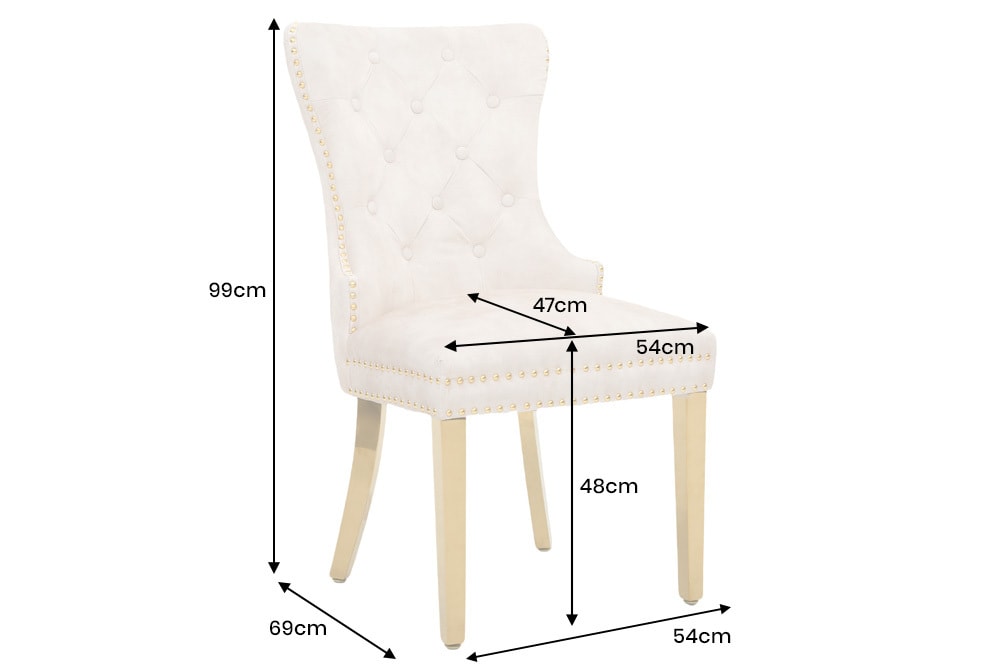 Barock Stuhl CASTLE DELUXE beige Samt gold Edelstahl mit Löwenkopf Ziernieten