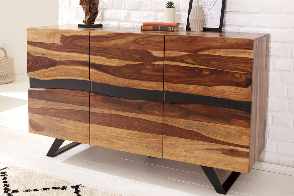Massivholz Sideboard AMAZONAS 150cm braun Sheesham Baumkante schwarzes Metallgestell