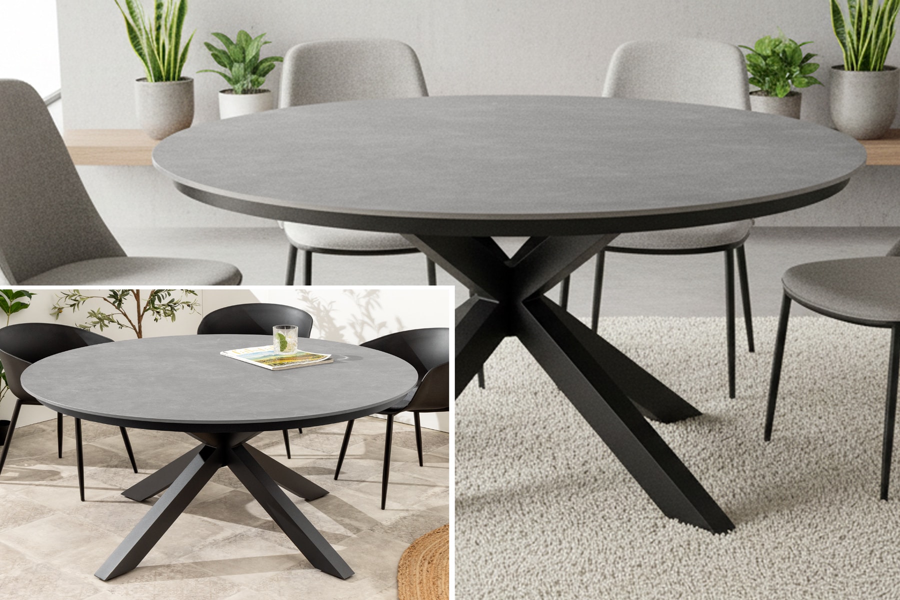 Runder In- und Outdoor Esstisch GALAXY 120cm graphit Keramik anthrazit Aluminium Gartentisch