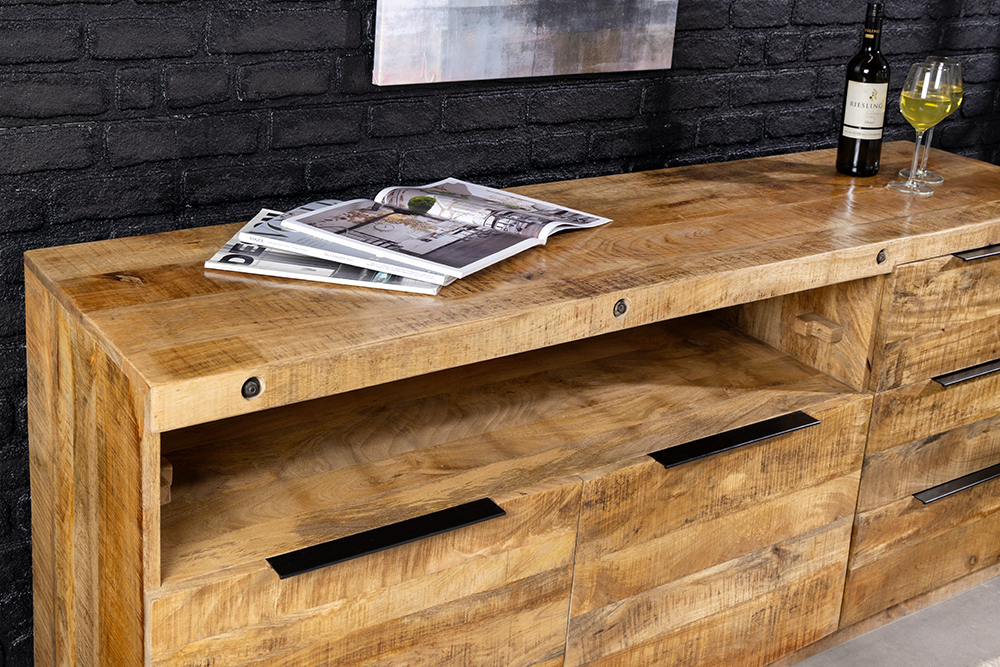 Massives Sideboard IRON CRAFT 175cm natur Mangoholz mit Schubladen Weinregal