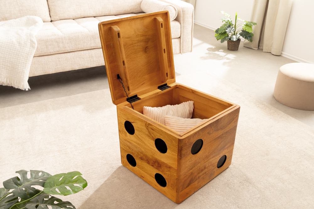 Massiver Würfel-Hocker CUBE 40cm natur Mangoholz Beistelltisch stapelbar mit Fach