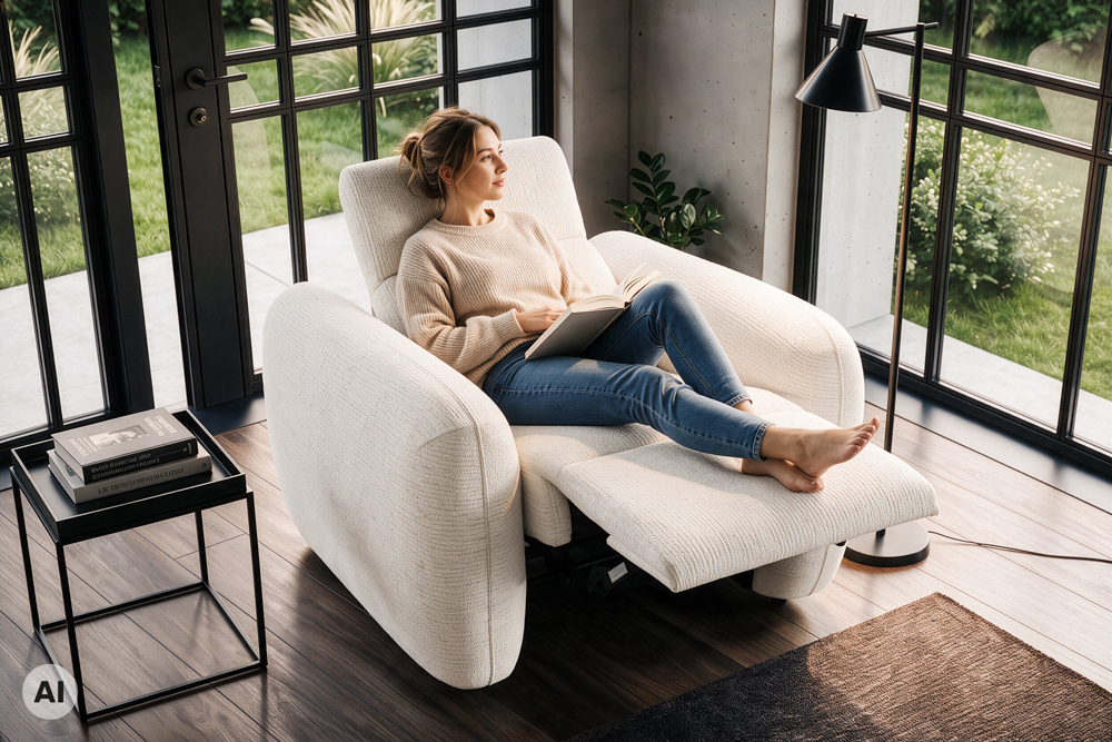 Sessel MILANO 110cm beige Bouclé Tweed Soft elektrisch verstellbare Fuß- und Kopfstütze