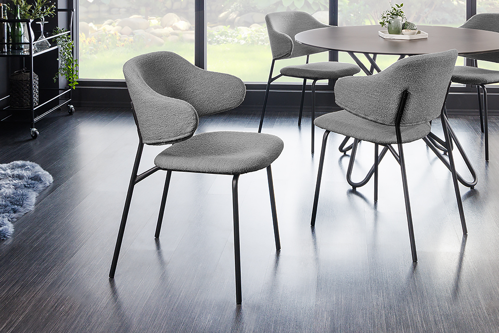 Design Stuhl VOGUE grau Bouclé schwarze Metallbeine