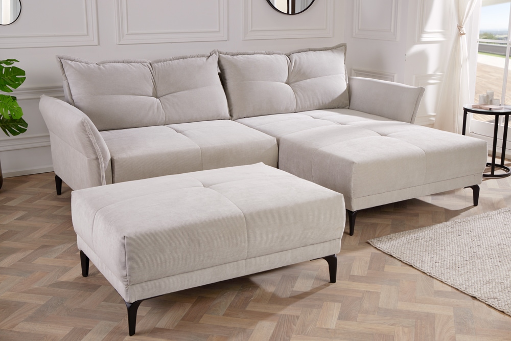 Modernes Ecksofa DESIGNO 250cm champagner beige Cord Couch inklusive Kissen Metallfüße
