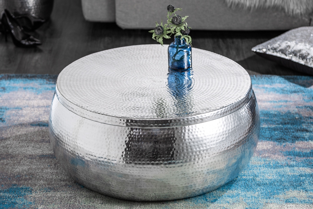 Runder Couchtisch ORIENT STORAGE 70cm silber Metall mit Stauraum Hammerschlag Design handmade