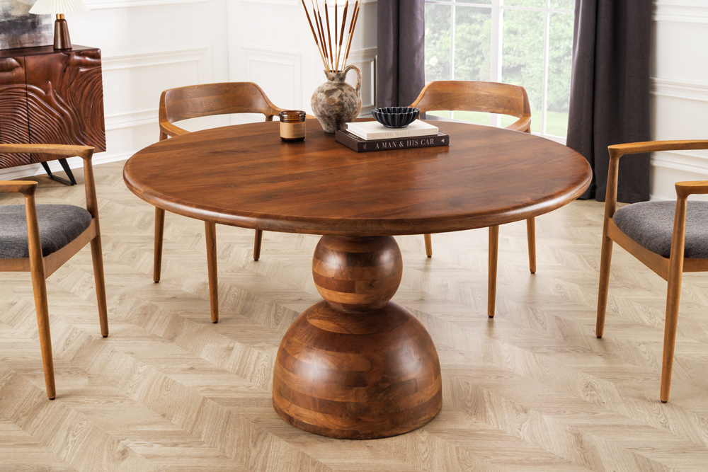 Massiver Esstisch MAESTRO 130cm braun Mangoholz rund mit Säulenfuß
