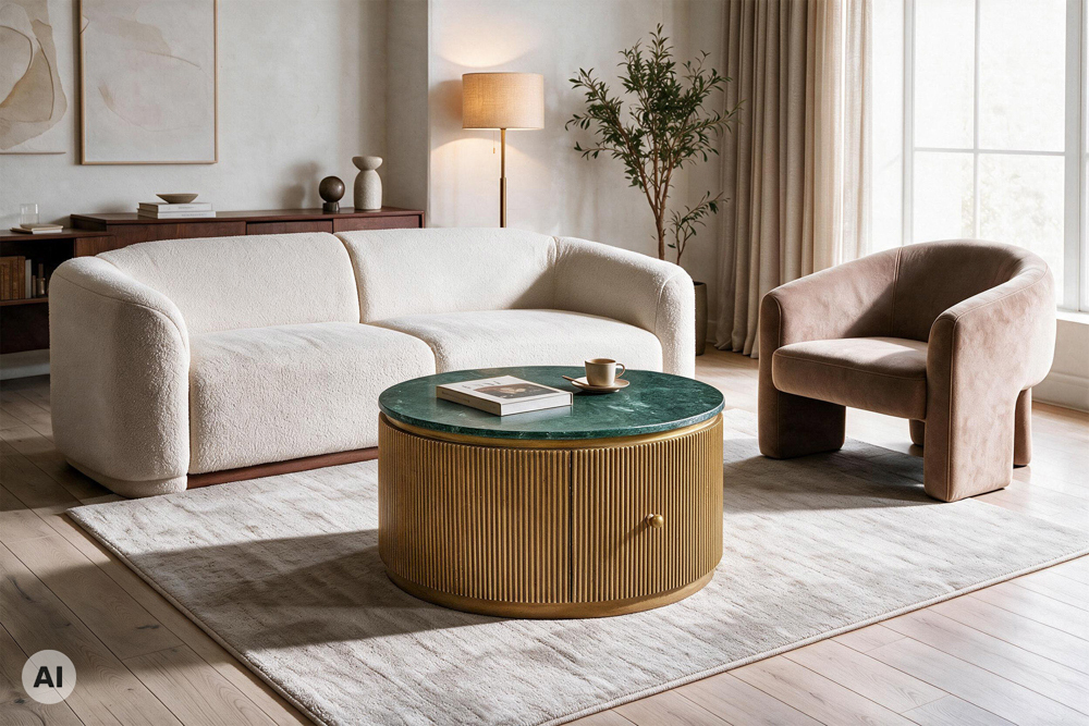 Runder Couchtisch COFFEE TABLE VENEZIANO 70cm messing grün Mangoholz Marmor Schublade