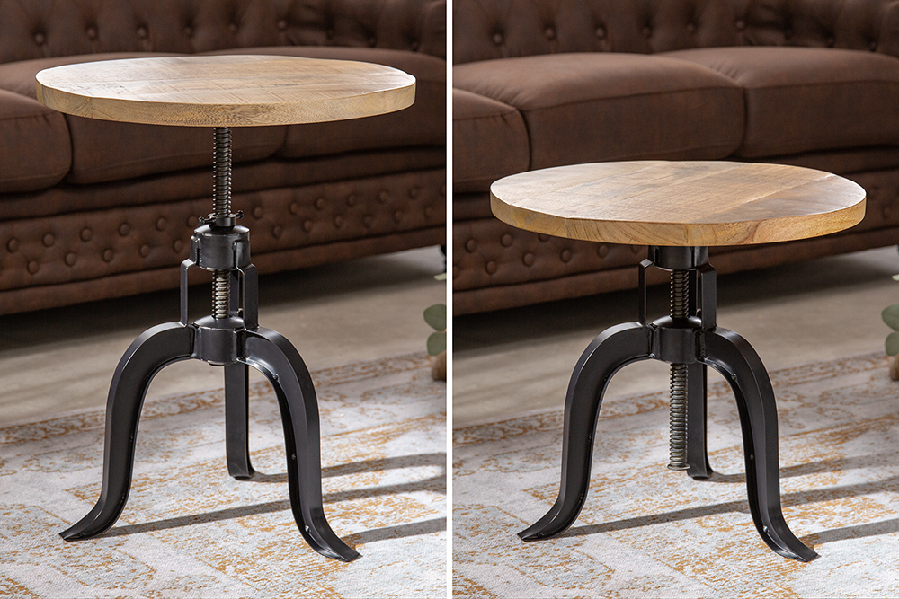 Höhenverstellbarer Beistelltisch ENGINEER 50cm Mangoholz Industrial Design massiv rund Eisen