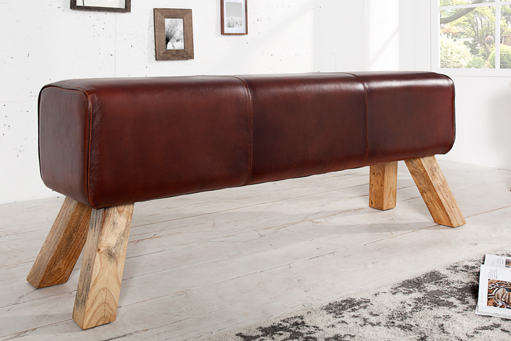Retro Sitzbank TURNBOCK 120cm mit Echtleder Bezug Mangoholz Bank