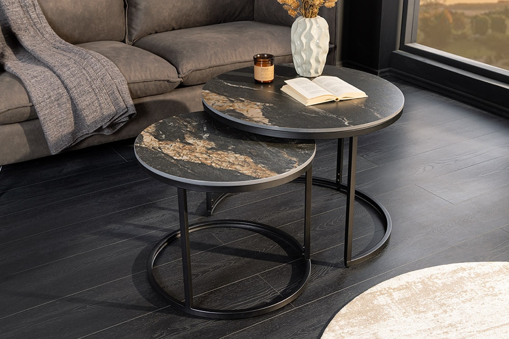 Rundes 2er Set Couchtische ELEGANCE 75cm schwarz gold sand Aurora Oro Keramik