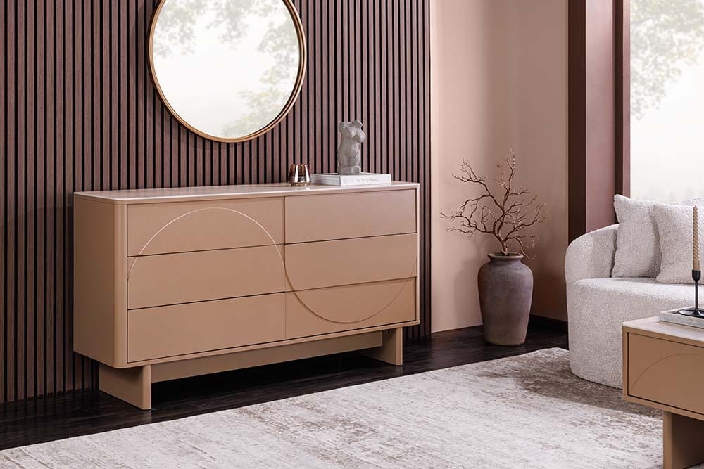 Design Sideboard SAVOY 150cm grau beige greige Keramik Travertin mit sechs Schubladen