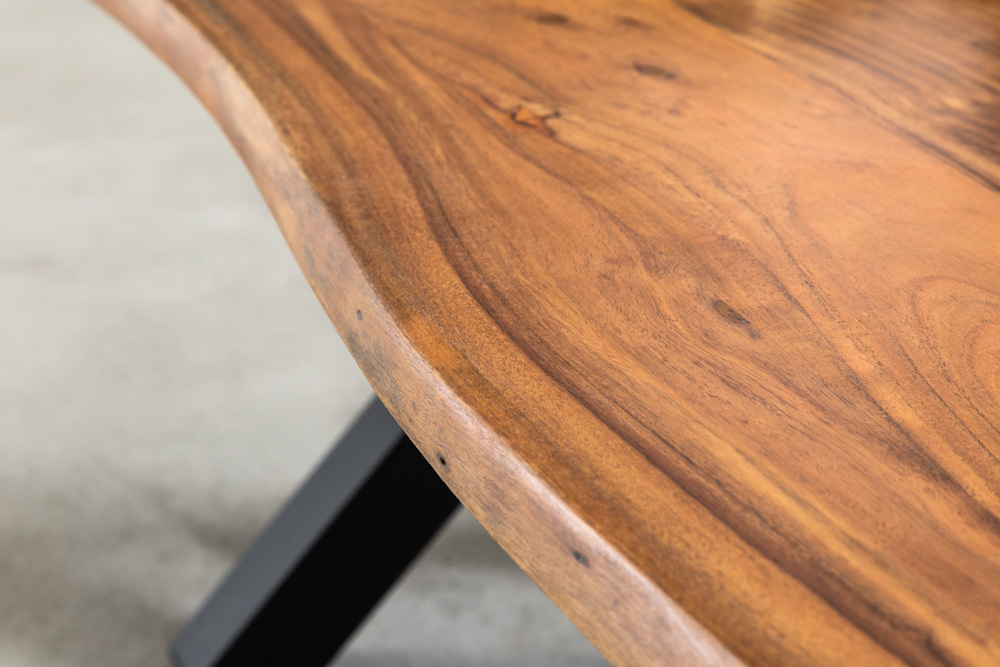 Massivholz Couchtisch MAMMUT 120cm Akazie Honey Finish X-Gestell schwarz 2,5cm Tischplatte