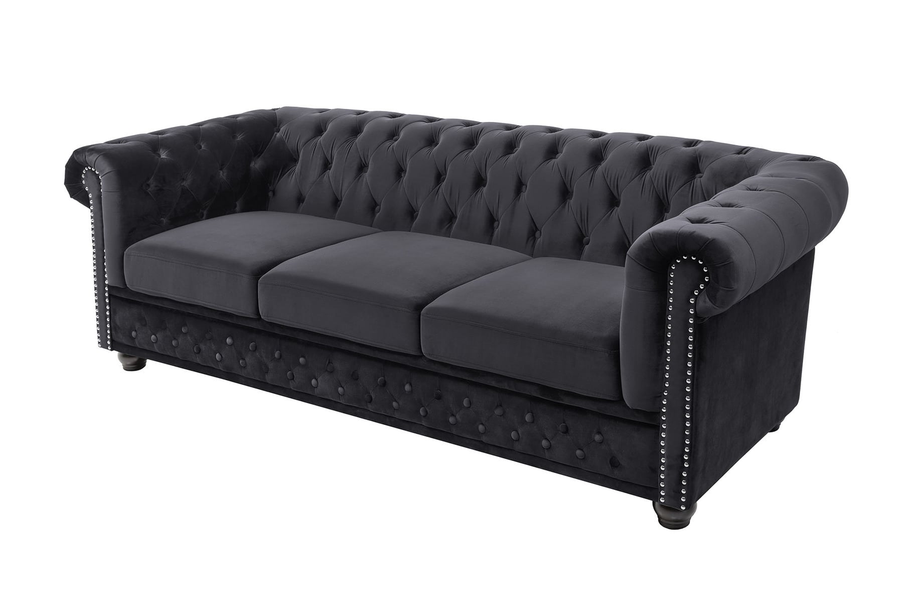 Barock Sofa CHESTERFIELD 205cm schwarz Samt Federkern Knopfheftung 3-Sitzer Couch