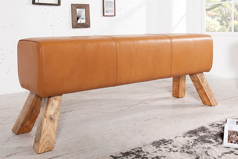 Design Sitzbank TURNBOCK 120cm cognac braun mit Echtleder-Bezug Sitzhocker